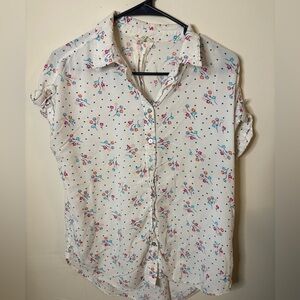 White Floral Jane and Delancey Short Sleeve Shirt Size L